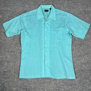 Vtg 80s Countess Mara Button Up Shirt Mens L Teal Short Sleeve Resort Coastal